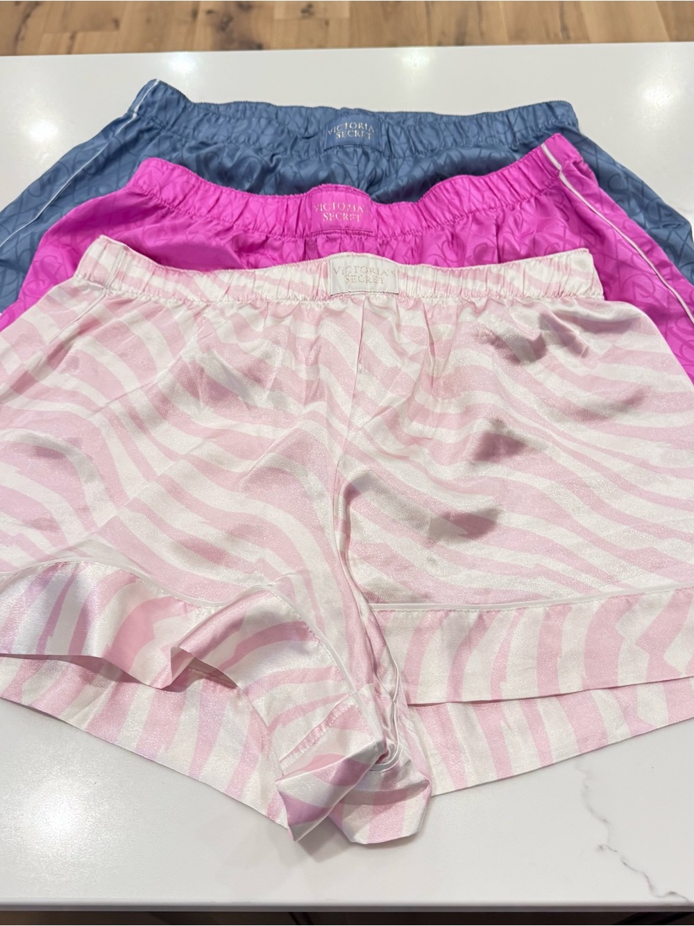 Victoria's Secret 3 pair Satin Stripe Lounge PJ Shorts Sz M Pink, Hot Pink, Blue